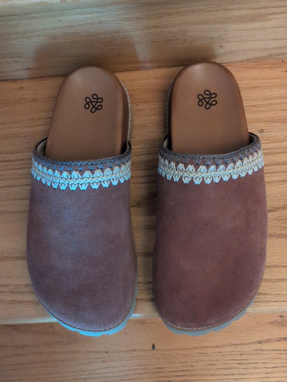 The Sak Brown Suede Slip-On Clogs with Cream Crochet Trim